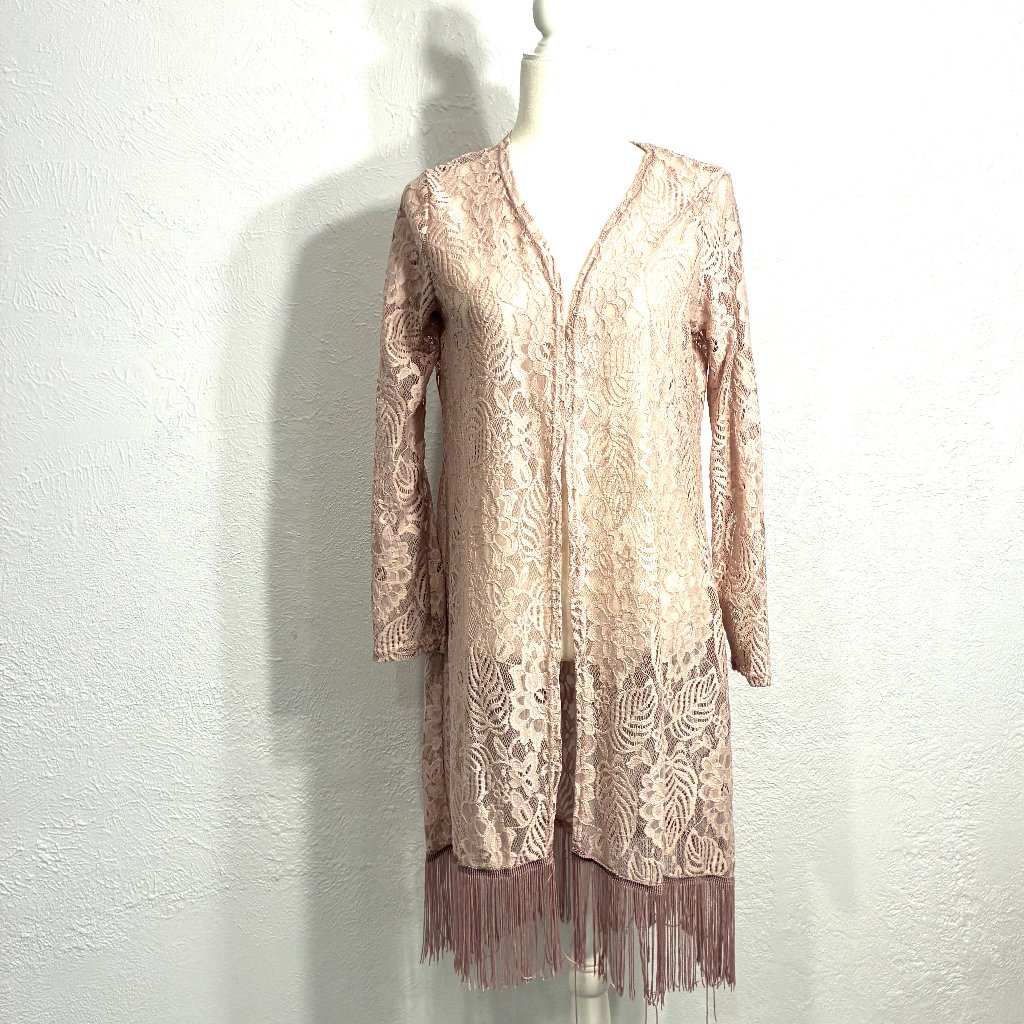 Lace Long Cardigan With Fringe, Size Medium, Dusty Rose, Long Sleeved